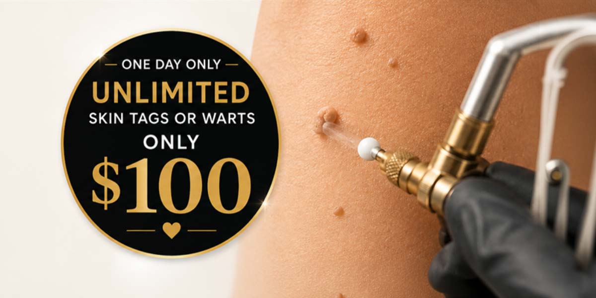 Skin Tag and Wart Removal Day – One Day Only. Get UNLIMITED skin tags and warts removed for only $100!